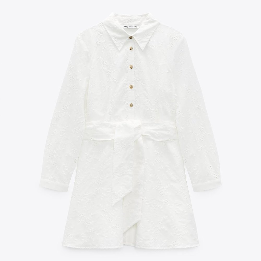 Zara Long Sleeve Openwork Embroidered Tie Waist White Mini Dress Small